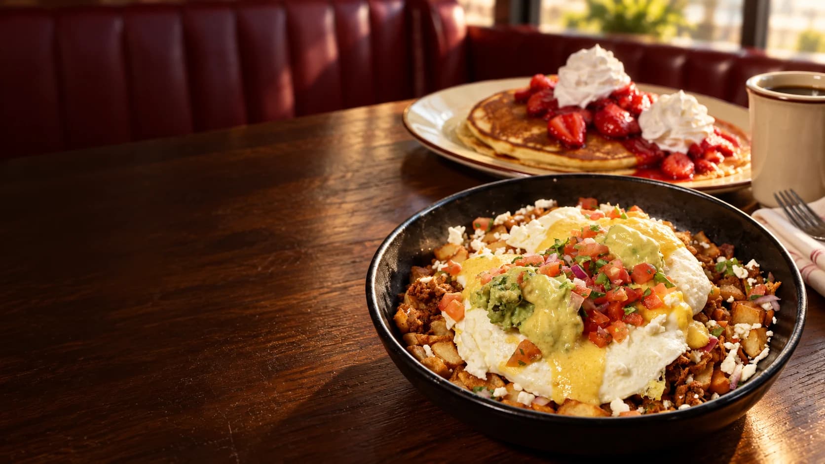 Sweet Cream Pancakes and an avocado egg skillet — two Morning Post breakfast dishes, styled in a table setting