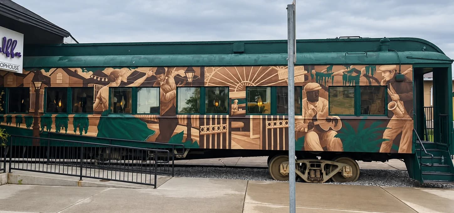 The exterior of the real Pullman rail car attached to The Morning Post's Lansing building, painted with a jazz-era mural, parked on its original rail track